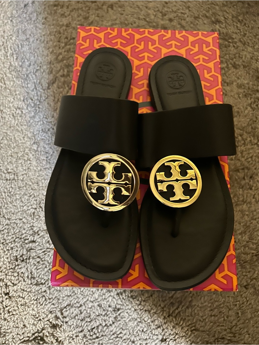 Tory Burch Benton Band Black Slide Sandals with Gold Logo Medallions